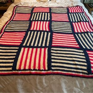 Vintage 70’s Striped Crochet Blanket in Red, White, & Blue